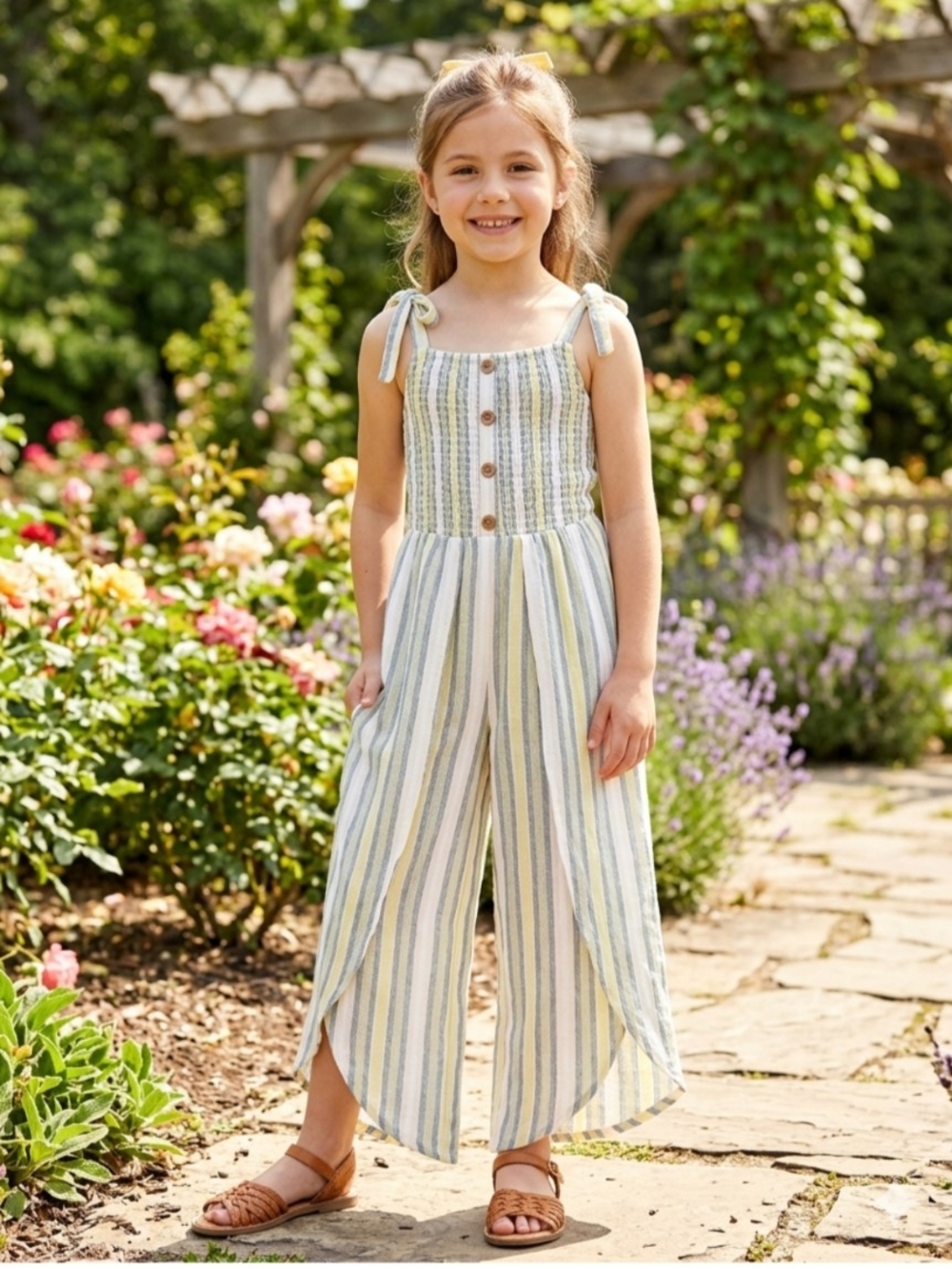 Sunset Sky Blue & Cream Striped Tie-Shoulder Jumpsuit Size 6 Years